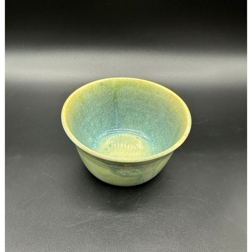 Art Pottery Bowl Green Blue Drip Swirl Glaze Unique Signed Gan Handmade Dish